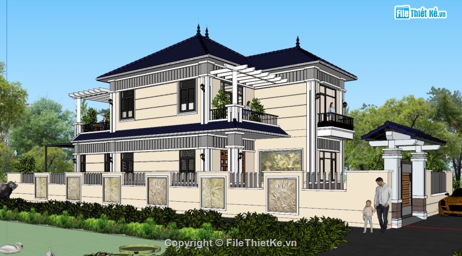 sketchup biệt thự 3 tầng,model 3d biệt thự 3 tầng,biệt thự 3 tầng